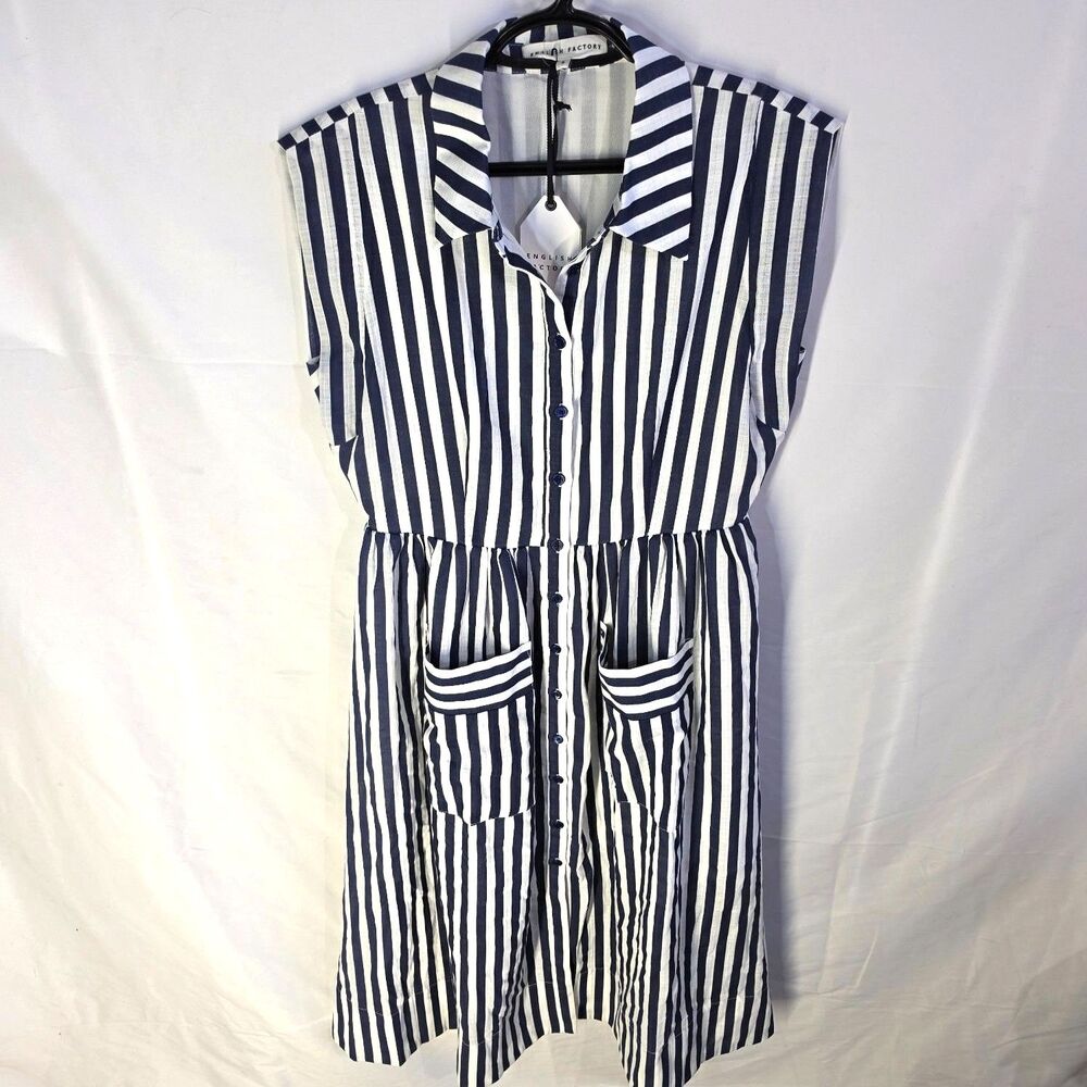 English Factory Striped Shirtdress Sleeveless Blue White Pleated Midi Dress S